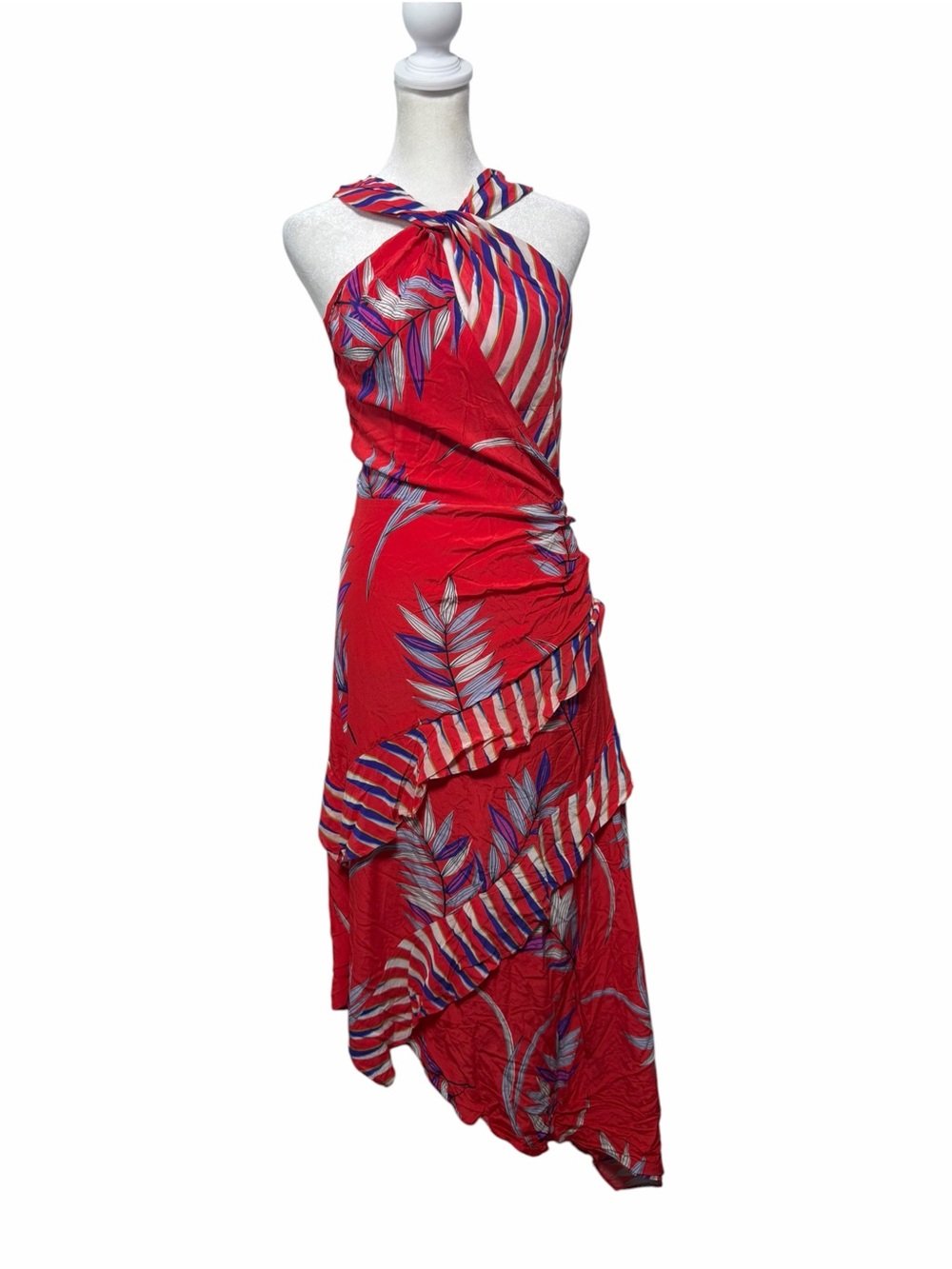 Ramy Brook Silk Red Tropical Stripe Halter Wrap Ruffle Dress Size M